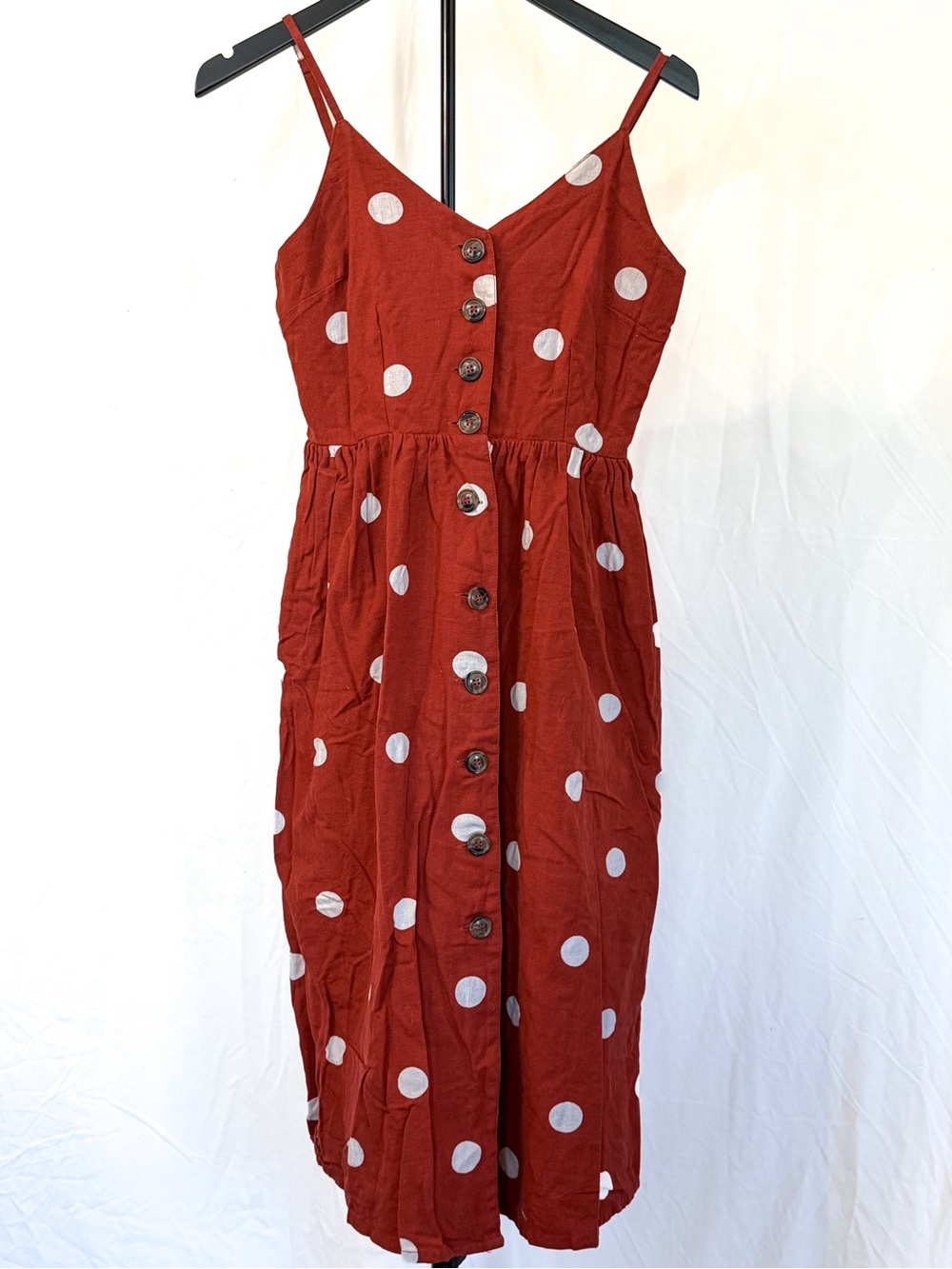 Polka Dot Button-Front Rust Red Midi Dress